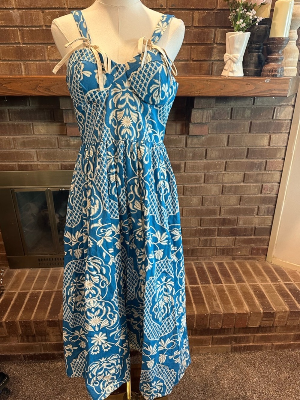 Moon River Mediterranean Coastal Blue Damask Midi Dress M